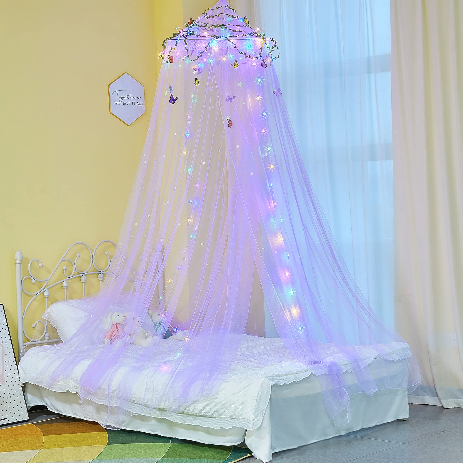 MHJY Bed Canopy for Girls Room Bed Curtains with LED Lights Mosquito Net DIY Princess Room Décor with Stars Butterflies for Kids Bedroom
