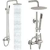 gotonovo Outdoor Shower Fixtures SUS304 Stainless Steel Rain Shower Kit Faucet High Pressure Wall Mount 2 Dual Function 8 Inch Showerhead and Handheld Spray Combo, Single Handle, Brushed Nickel