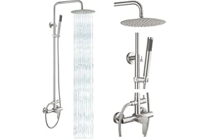gotonovo Outdoor Shower Fixtures SUS304 Stainless Steel Rain Shower Kit Faucet High Pressure Wall Mount 2 Dual Function 8 Inch Showerhead and Handheld Spray Combo, Single Handle, Brushed Nickel