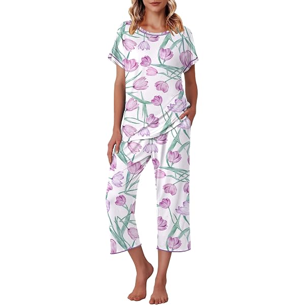 Ekouaer Women's 2-Pack Pajama Set – Short Sleeve Top & Capri Pants With Pockets, Floral Print - View #5