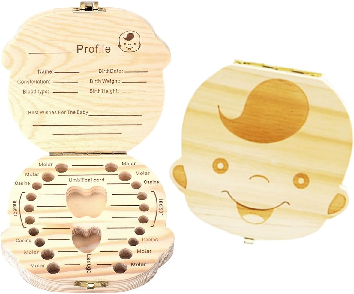 Mogoko Baby Teeth Save Boxes Wooden Personalized Deciduous Souvenir Box,Customize Personalized Baby Child Tooth Keepsake Holder Organizer (English(Name Customizable), Boy)