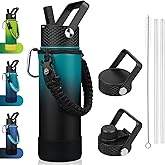 BJPKPK Insulated Water Bottle with Straw Lid, 22oz Thermal Flasks Water Bottles with 3 Lids, Paracord Handle & Non-slip Boot, BPA Free Leak Proof Stainless Steel Tumblers,Army Green & Black