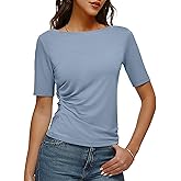 DCCISU Women's Boat Neck Top Half Sleeve Ruched Side Fitted T-Shirt Basic Casual Slim Tee