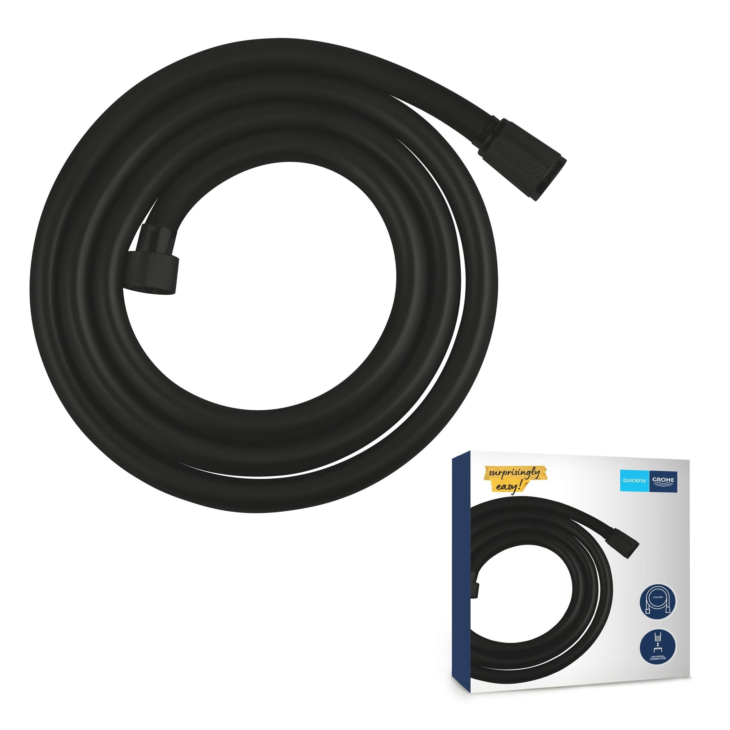 GROHE VitalioFlex Trend QuickFix – Smooth Shower Hose (1.75 m, Pressure Resistance Up to 5 Bar, Tensile Strength 50 kg, Heat Resistance 70°C, Universal Connection G 1/2" x 1/2"), Matt Black, 287422432