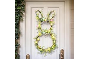 AOMOONOA Easter Bunny Spring Wreath for Front Door, Lighted Easter Wreaths with Timer and 30 LED Warm Lights, Foldable Bunny Wreaths with Eggs, Twigs and Berries, Pre-Lit Wreath for Spring Decor