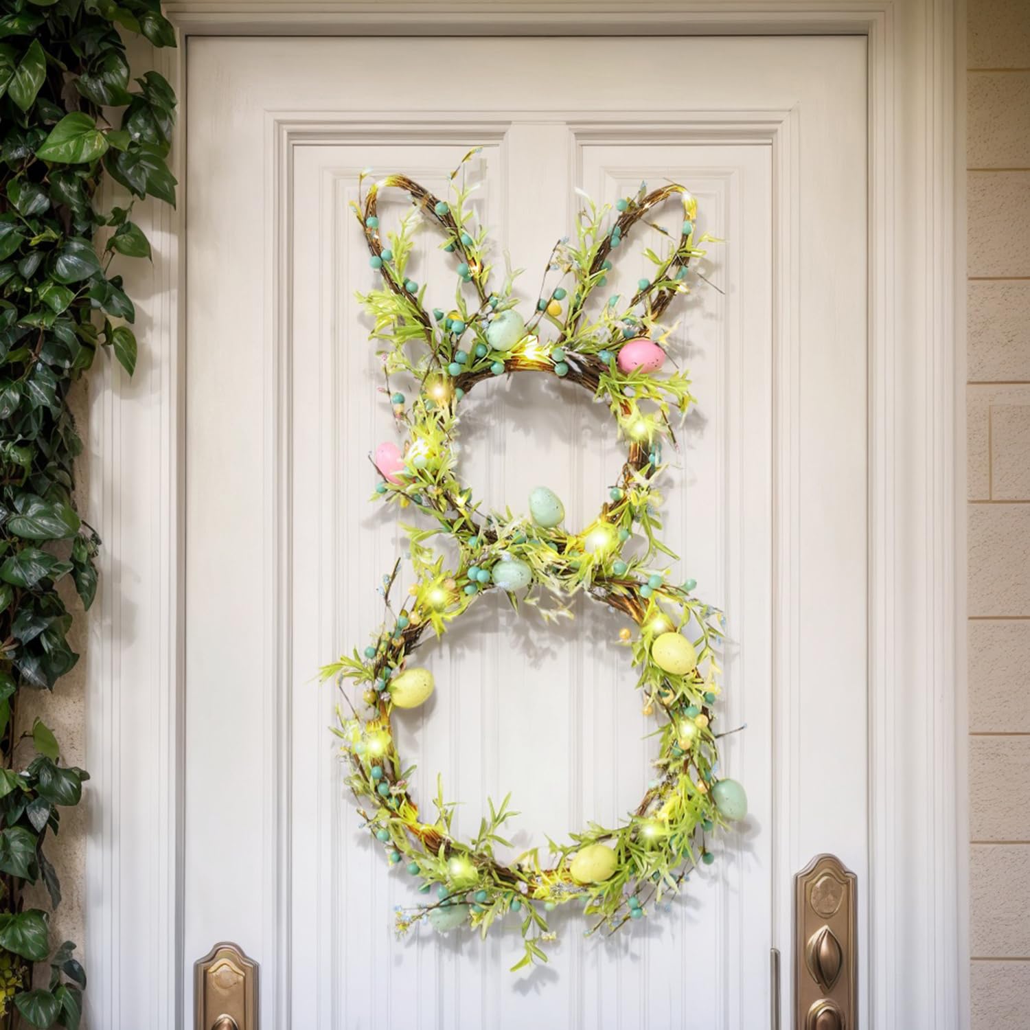 AOMOONOA [Timer] Easter Bunny Wreath for Front Door, Lighted Easter Wreaths with 30 LED Warm Lights, Foldable Bunny Wreaths, Pre-Lit Easter Egg Wreath for Spring Decor
