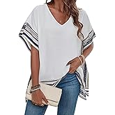 Falechay Women's Casual V Neck Floral Tops Batwing Sleeve Blouse Loose Fitting Shirts Boho Flowy Side Slit Tees