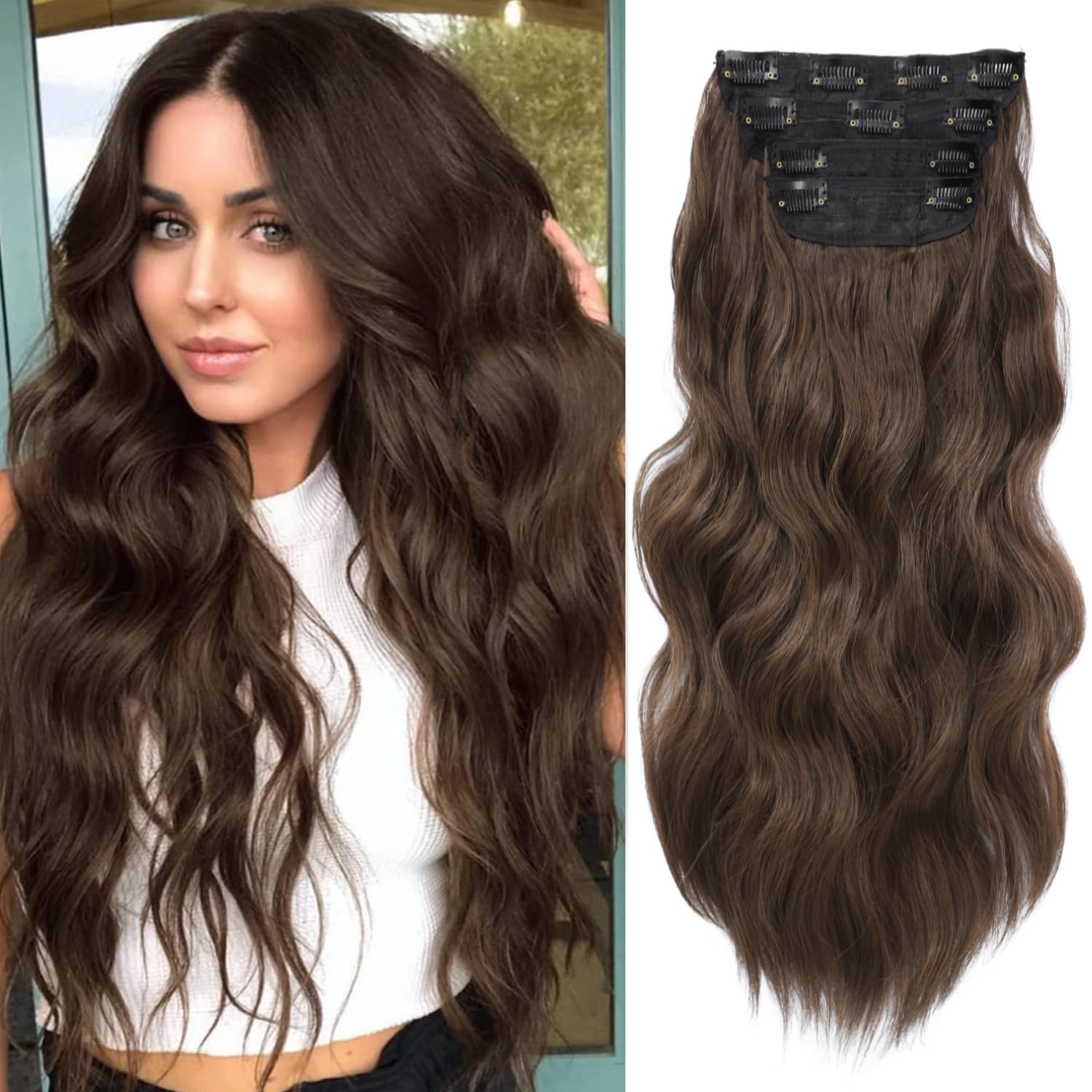20inch Hair Extensions Clip in Chestnut Brown Hairpieces for Women 4PCS Full Head Set Thick Hair extension Wavy hair Extensions โ image 1