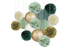 zilue Sage Green Party Decorations, Paper Lanterns and Pom Poms Flowers for Birthday Party Baby Shower Wedding Shower Decor Gold/Ivory/Sage Green 15pcs