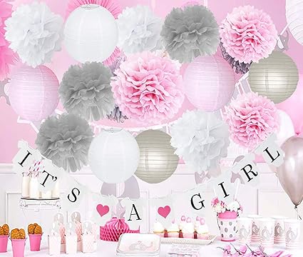 Happyfield Pink Grey Baby Shower Decorations Girl Birthday