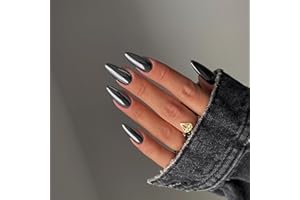 Smoky Grey Chrome Press on Nails Medium Almond, KQueenest Mirror Metal Stiletto Fake Acrylic Nails with Bling Design, Black Glue on Nails for Daily Wear, False Nails Press ons in 24 Pcs