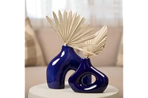 Modern Chateau and Villa Ceramic Donut Vases Set of 2 for Modern Home Décor, Glossy Finish, Boho Nordic Minimalist Style, Perfect for Pampas Grass in Offices or Living Rooms (Glossy Dark Blue)