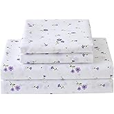 Softan Floral Full Sheet Set Purple Flower Printed Bed Sheets Double, Cozy Microfiber Patterned Fitted Sheets with 15" Deep Pocket & Non-Slip Straps, Cute Purple Sheets and Pillowcase Set