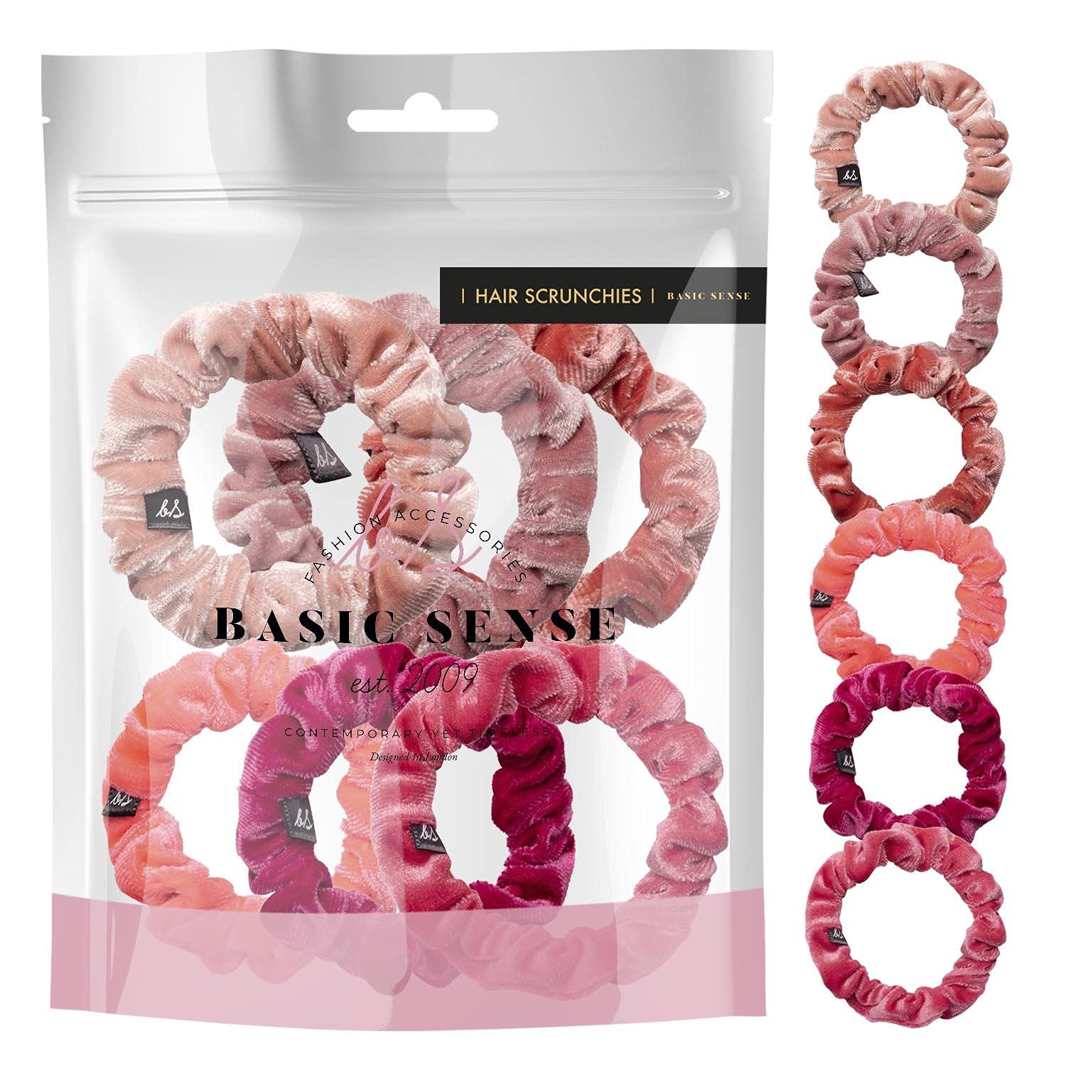 Basic Sense Velvet Skinny Scrunchie, Durable Small Hair Ties, Elastic Scrunchies, Ponytail Holder, Scrunchy for Women Girls, Pink Assortment