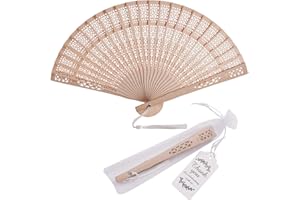 SL crafts 50 Sets Wooden Hand Fan Wood Handheld Folding Fans with Organza Bags and Thank You Tag and Tassels Wedding Party Favors