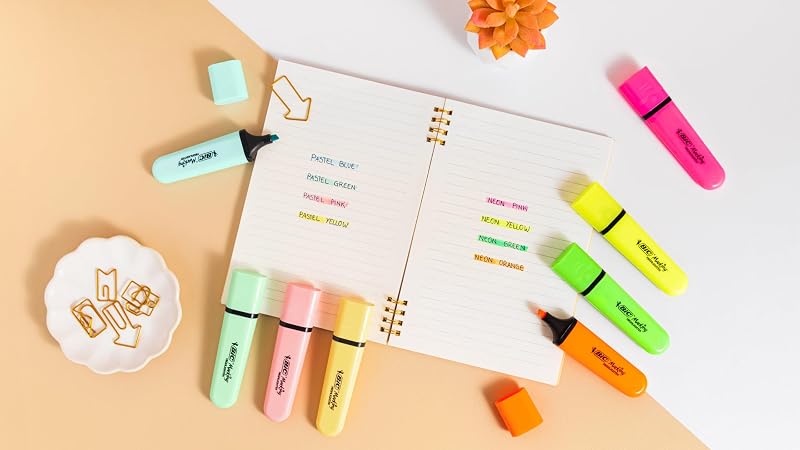 Marking Surligneurs à pointe biseautée et Longue Durée pour Usage Scolaire et Professionnel (1.2 mm-4.6 mm) - Couleurs Assorties Néon et Pastel, Boîte de 10