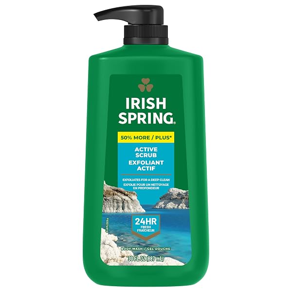 IRISH SPRING ACTIVE SCRUB EXFOLIATING BODY WASH FOR MEN, 24-HOUR FRESH, BIODEGRADABLE INGREDIENTS, PARABEN FREE, COOL FRESH SCENT, 30 FL OZ PUMP BOTTLE