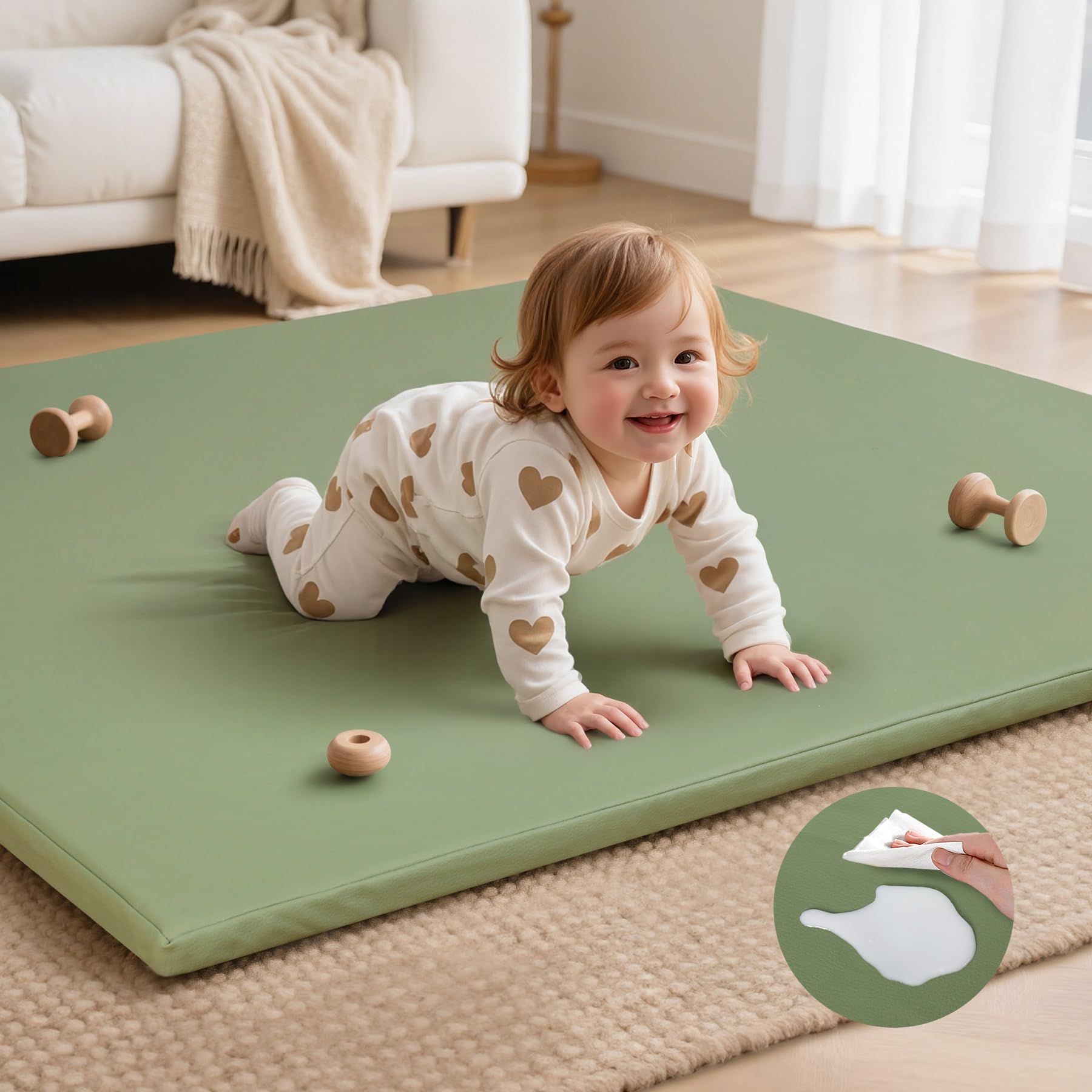 Photo 1 of Baby Play Mat for Floor,50 x 50 Playpen Mat,Non-Slip Leather&Thick Foam Rug,Removable Waterproof Cover,Easy Care for Kids Crawling,Yoga?Sage Green)