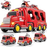 Bennol 5-in-1 Fire Trucks Toy Set for Boys Age 1-3 3-5, Fire Car Truck for Toddlers 1 2 3 4 5 6 Years Old, Christmas Birthday Gift Car Sets with Light Sound