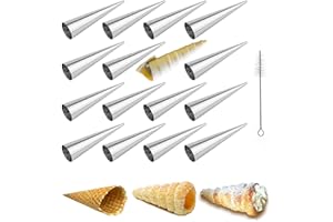 Joyeee 16Pcs Cream Horn Molds with Cleaning Brush, Stainless Steel Cone Roller Cannoli Forms Mold for Baking Cannoli Shell, Crispy Pastry for Christmas Birthday Party Gifts, 5-inch Large Size