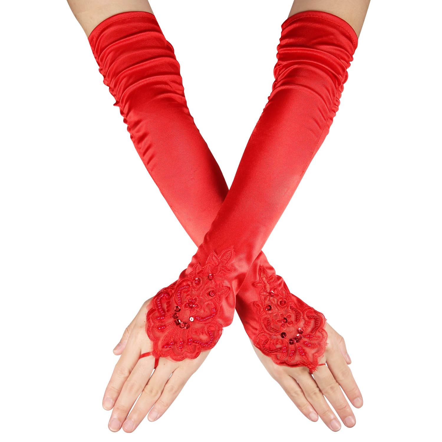 Photo 1 of SAVITA Long Lace Gloves, Soft Fingerless Lace Gloves 1920s Opera Gloves Elbow Length Gloves Women's Sexy Gloves Long Satin Gloves for Bridal Wedding Women Tea Party Masquerade(Red)