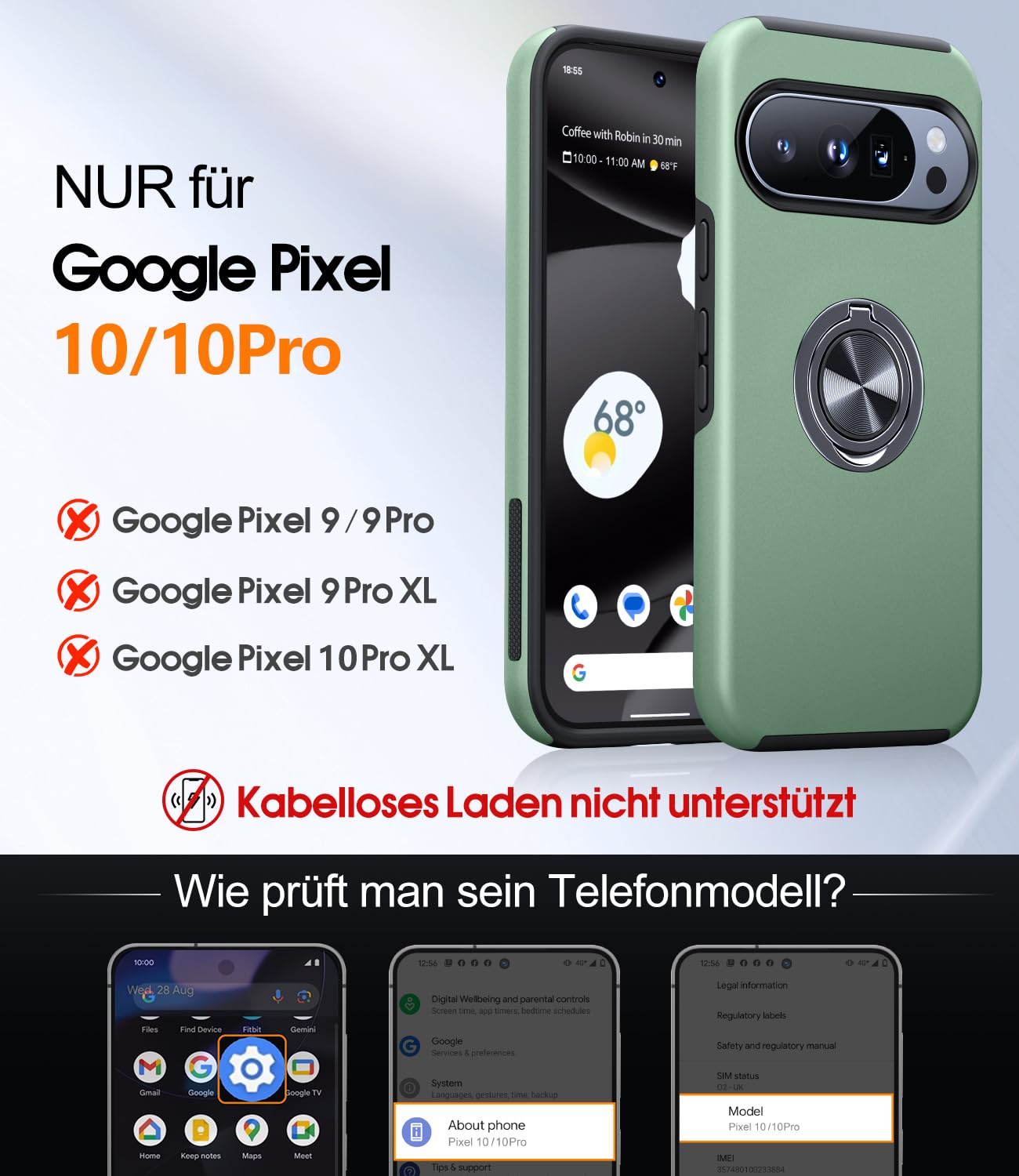 AOUIA für Google Pixel 10 Pro XL Hülle mit 2 Stück Schutzglas, 360°Ring Ständer, Stoßfeste Schutzhülle, 3-in-1 Handyhülle für Pixel 10 Pro XL, Grün 8