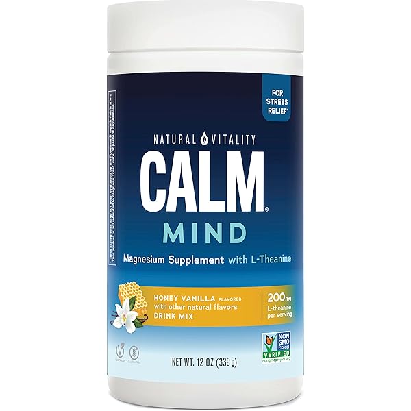 NATURAL VITALITY CALM MIND, MAGNESIUM CITRATE + L-THEANINE POWDER, SUPPLEMENT FOR STRESS RELIEF, GLUTEN FREE & VEGETARIAN, HONEY VANILLA, 12 OZ.
