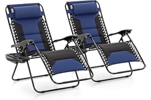 MAISON ARTS Oversized Zero Gravity Chairs Set of 2, Folding Padded Recliner Anti Gravity Lounge Chair with 28" Wide Seat and Cup Holder, Support 400lbs, Blue & Black
