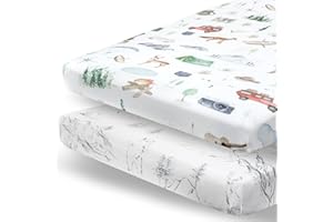 Pobibaby - 2 Pack Premium Pack N Play Sheets Fitted for Standard Pack and Plays and Mini Cribs - Ultra-Soft Cotton Blend, Stylish Woodland Pattern, Safe and Snug for Baby (Explore)