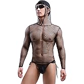 GENEMEN Mens Fishnet Hoodie Mesh Shirt See Through Undershirt Sexy Net Top Long Sleeve Muscle Shirts