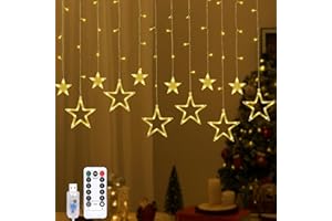 Lewondr 138 LED Christmas Star String Curtain Lights, Hanging Fairy Lights with 6H Timer & 8 Modes, USB & Remote Control Stri