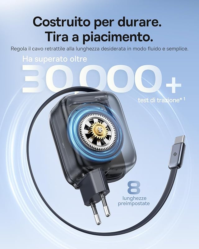 Caricatore USB C da 45 W, Baseus Enercore con cavo USB C, caricatore iPhone iPad, alimentatore di rete per iPhone 17/16/15/14/13/12/11 Pro Max Air, Samsung Galaxy S25, Pixel, cavo estraibile