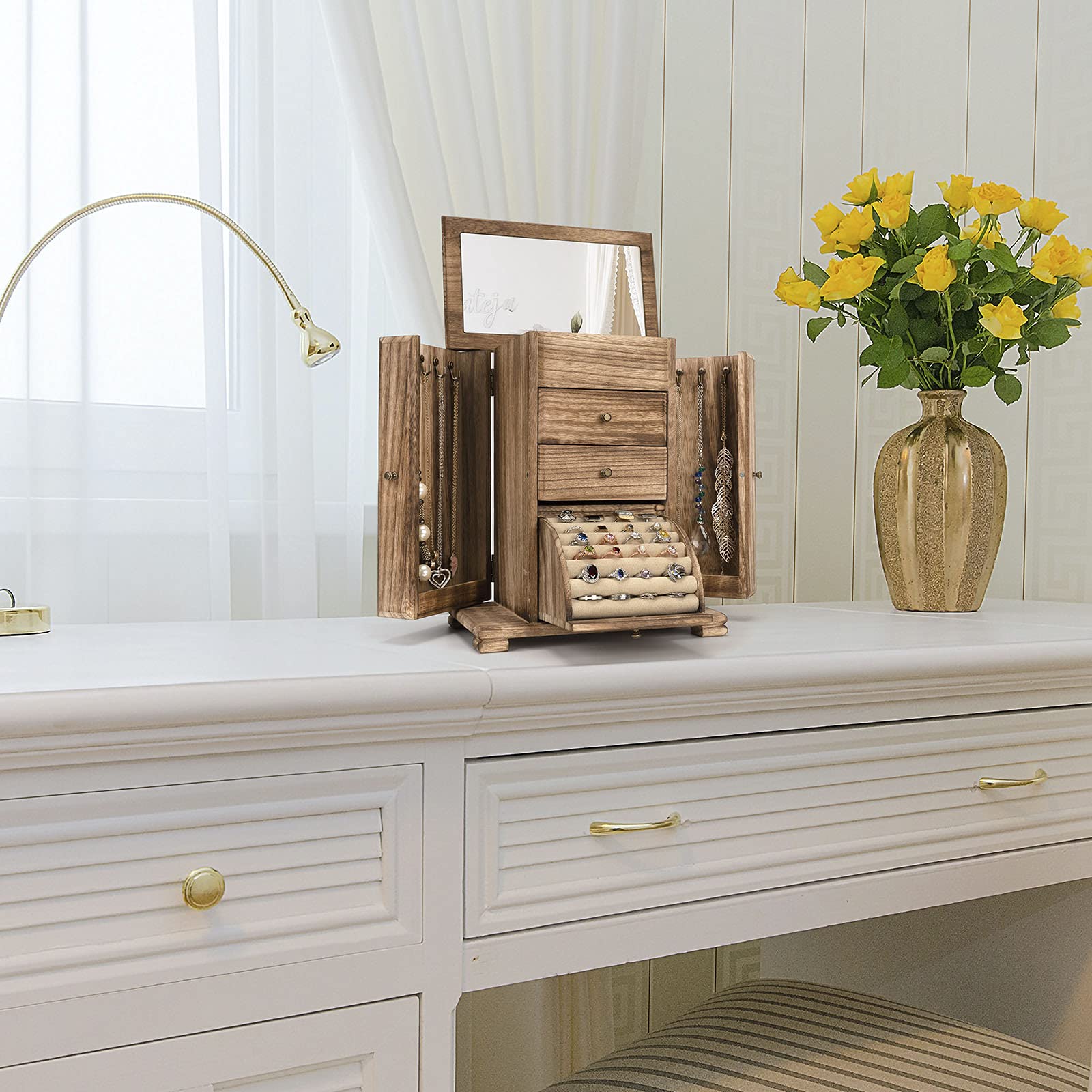 Emfogo Emfogo Jewelry Box for Women, Rustic Wooden Jewelry Boxes & Organizers with Mirror, 4 Layer Jewelry Organizer Box Display for Rings Earrings Necklaces Bracelets (Rustic Brown)