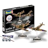 Revell Spitfire Mk.Ia &amp; Hurricane Mk.I Airplane Model Kit All-Included Set | 1:144 scale WWII military airplane model building kit, includes paint glue and brush, 31 parts, skill level 3, Ages 10+ 73771