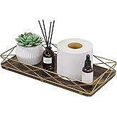 Lixple Toilet Paper Basket Holder, 13" Bathroom Tray Countertop, Wood and Metal Toilet Tank Tray Bathroom Vanity Organizer for Toiletry, Kitchen Sink Organizer for Soap Dispenser (Brown+Gold)