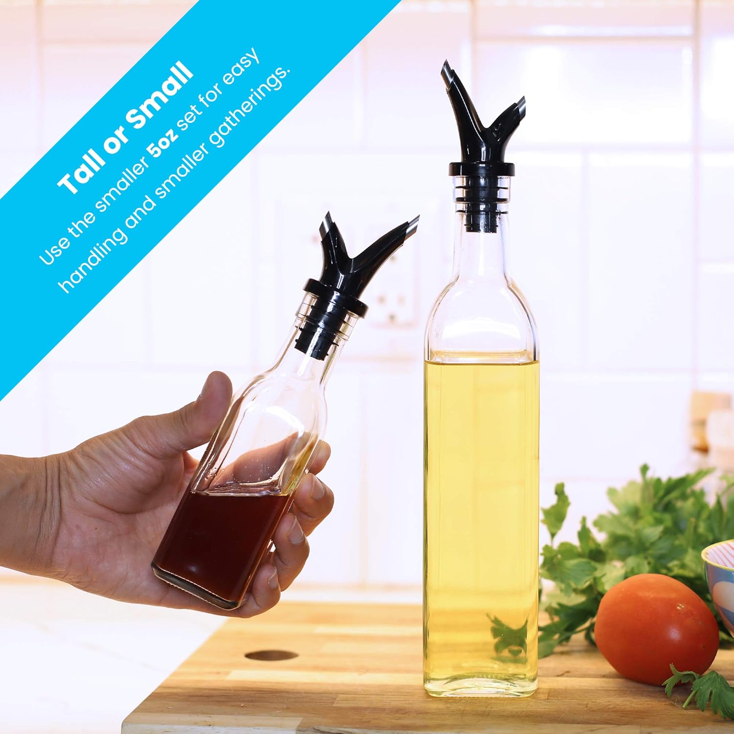 Zeppoli Oil and Vinegar Bottle Set 5oz [2-Pack] - Comes with Stainless Steel Rack, Removable Cork, Funnel, and Spout Caps - Dual Cork Spout - Glass Olive Oil Dispenser Set: Kitchen & Dining