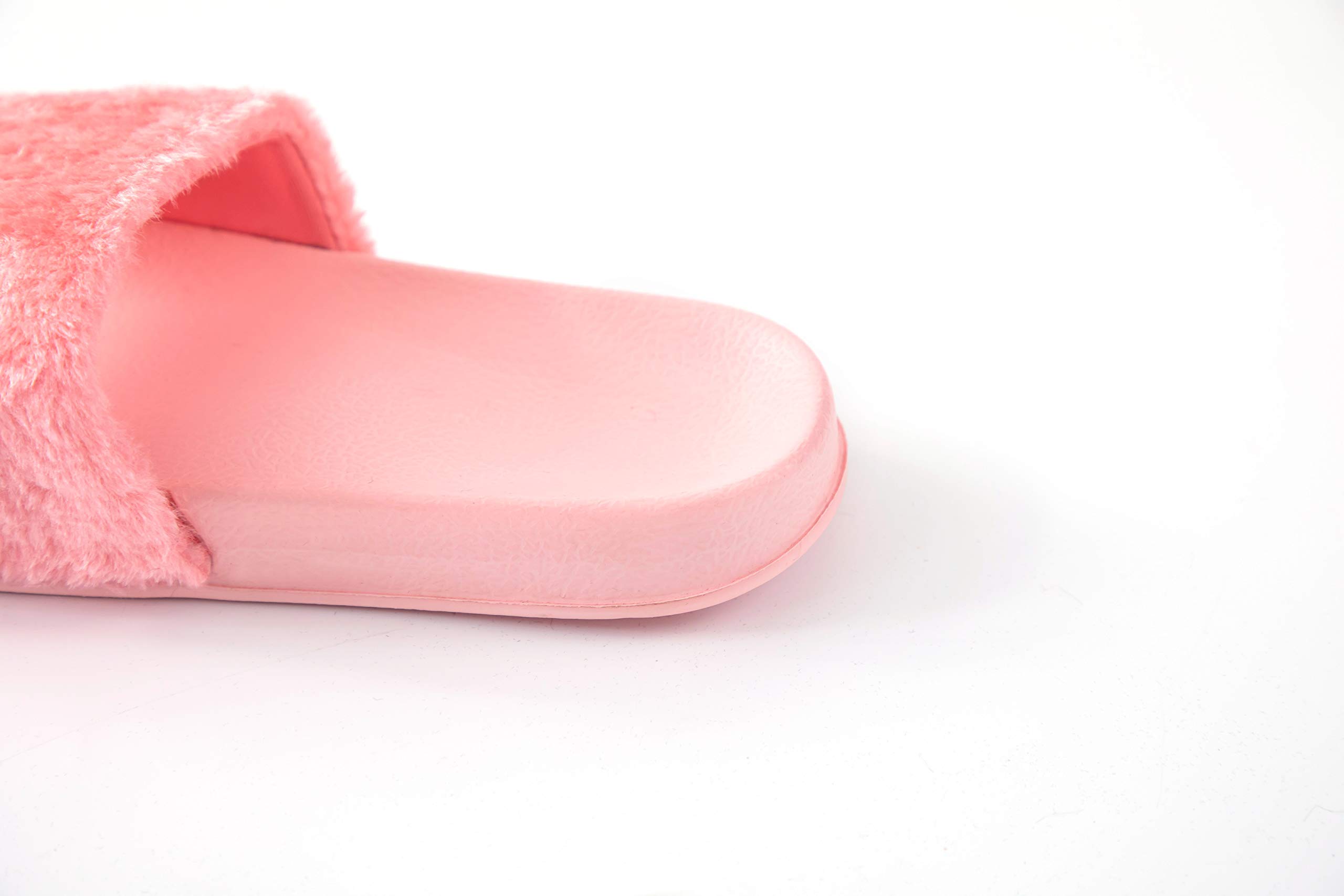 Women\'s Vegan Faux Fur Slippers Fuzzy Slides Fluffy Comfy Flat Sandals Open Toe Indoor Outdoor Pink