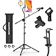 Microphone Stand with IPAD Clip, Floor Foldable Mic Stand with Phone Clip,Heavy Duty Tripod Boom Arm with 2 Mic Clips and Carrying Bag for Singing Karaoke Stage