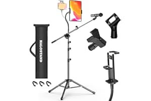 HALOSTAND Microphone Stand with IPAD Clip, Floor Foldable Mic Stand with Phone Clip,Heavy Duty Tripod Boom Arm with 2 Mic Clips and Carrying Bag for Singing Karaoke Stage