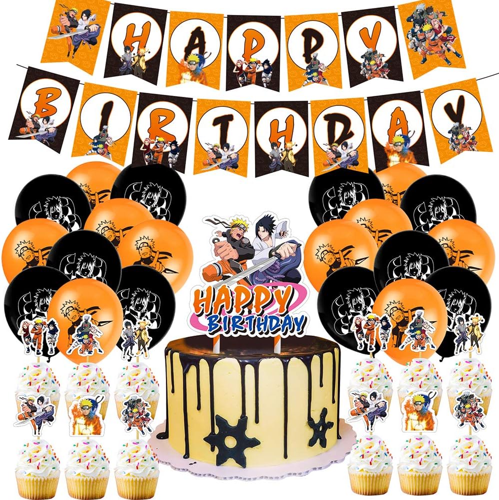 Naruto Party Decorations Set Naruto Birthday Party Supplies Decorations Include Happy Birthday Banner Cake Toppers Balloons for Japanese Ninja Anime Themed Party for Boys Girls Naruto Fans