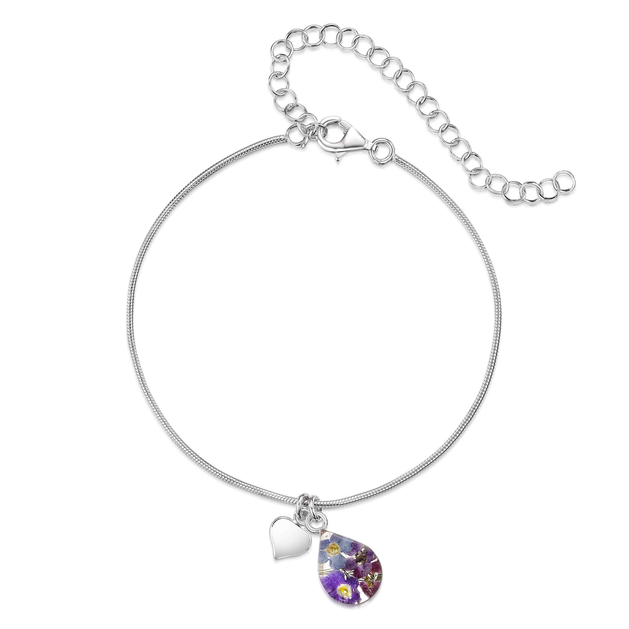 Shrieking Violet 925 Sterling Silver Teardrop Real Flower Snake Chain Ankle Bracelet - Assorted Flowers (Purple Haze)