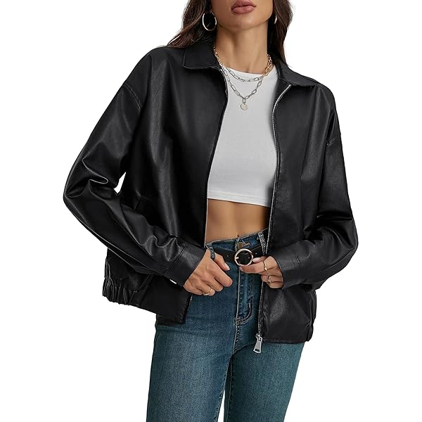 VOIKERDR Leather Jacket Women Zipper Moto Biker Short Bomber