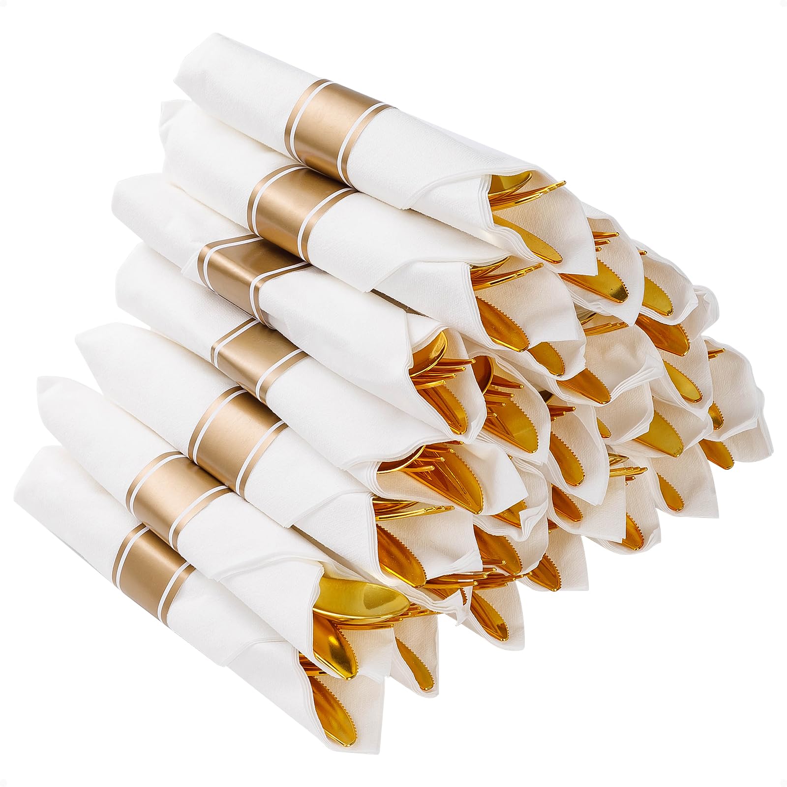 Photo 1 of Goodluck 100 Pack Pre Rolled Gold Plastic Silverware, Wrapped Plastic Cutlery Set with Napkin Include 100 Forks, 100 Knives, 100 Spoons and 100 Napkins, Disposable Silverware for Party, Wedding