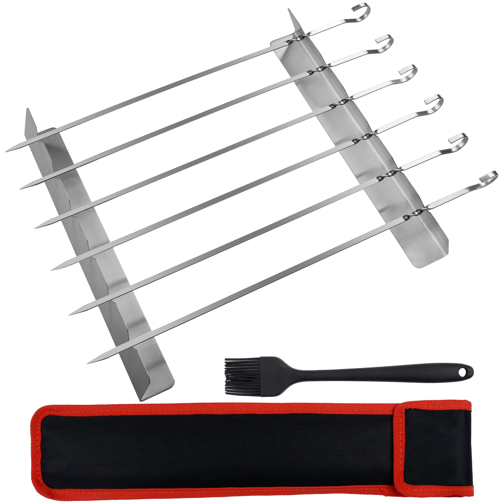 GXFCING Stainless Steel Kebab Skewers and Rack Set, 6 Premium SUS304 BBQ Grilling Skewers with Skewer Holder, Oil Brush & Storage Bag, Reusable Barbecue Tool for BBQ Parties, Meat, Vegetables