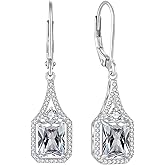 Blaniy Emerald Cut Dangle Drop Earrings 925 Sterling Silver Halo Rectangular Leverback Earrings Birthstone Jewelry for Women