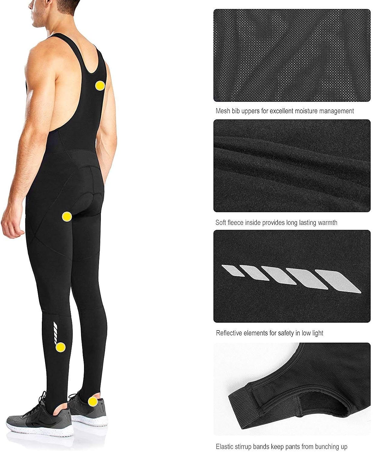 BALEAF Men's 3D Padded Thermal Cycling Bib Long Pants Stirrup Bike Tights Compression Leggings Black Size XXL: Clothing