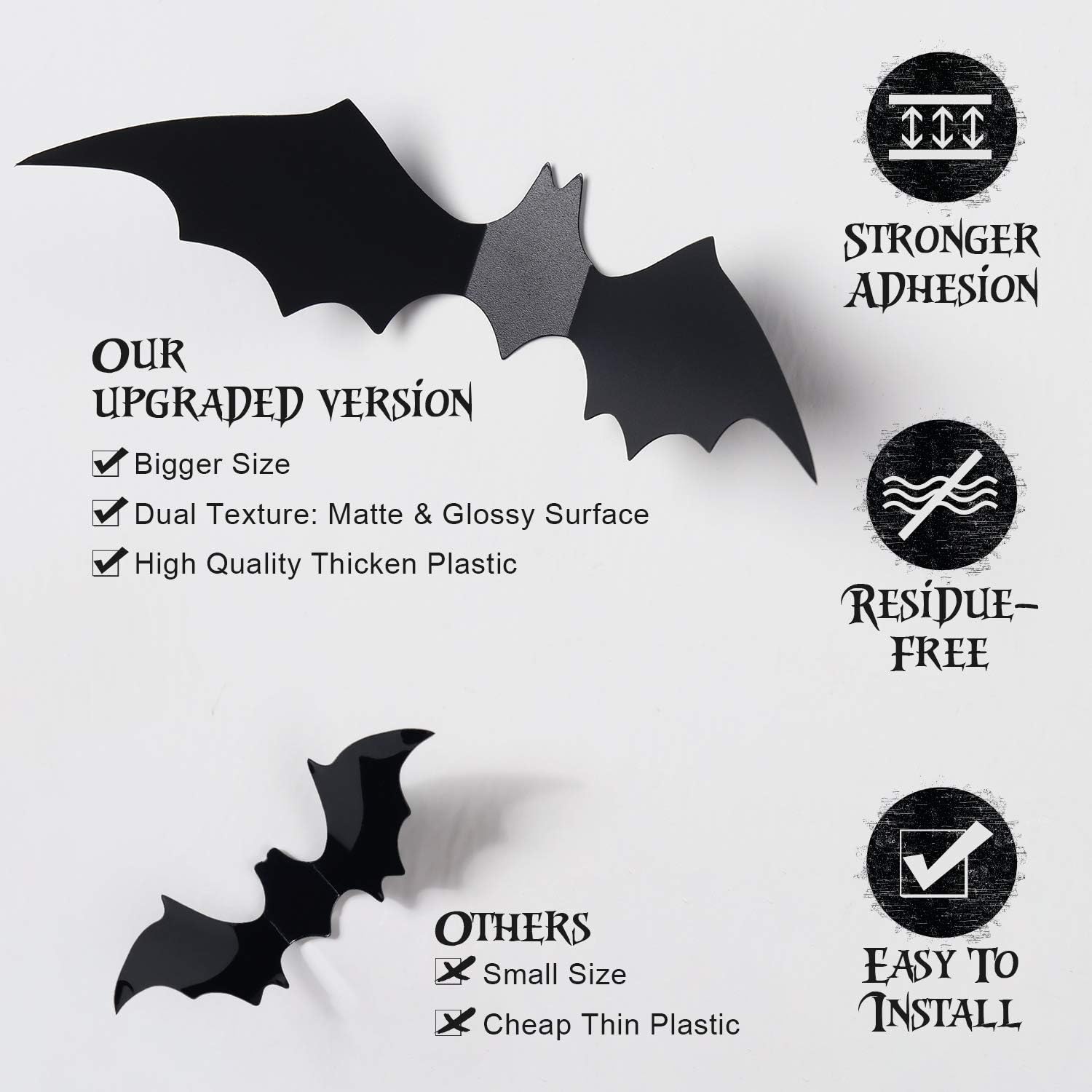 Coogam 60PCS Halloween 3D Bats Decoration 2020 Upgraded, 4 Different Sizes Realistic PVC Scary Black Bat Sticker for Home Decor DIY Wall Decal Bathroom Indoor Hallowmas Party Supplies: Toys & Games