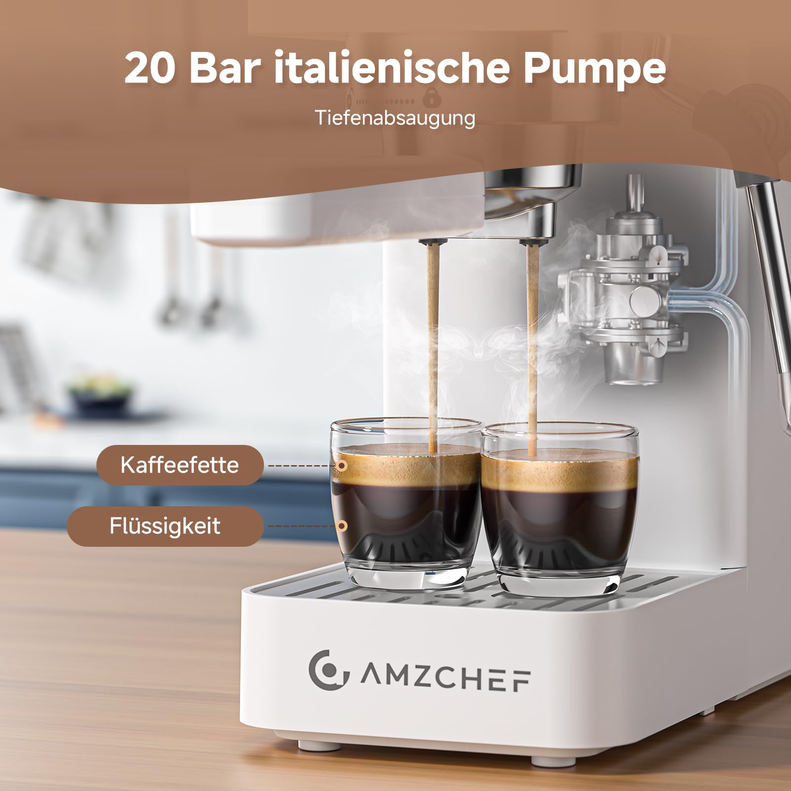 AMZCHEF Siebträgermaschine 20 Bar Espressomaschine klein mit LED-Display, Milchaufschäumer & Edelstahl-Dampfstab, 1350W Schnellaufheizung, 1,5L Wassertank, für Espresso Cappuccino Latte,Weiß 2