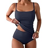 Eomenie Women's Swimsuit Tankini Tummy Control Bathing Suits Two Piece Full Coverage Slim Swim Suits with High Waisted Bottom