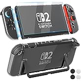 [Easy Docking Version] GLDRAM Clear Case for Nintendo Switch 2 (2025), Dockable Hard Shell PC Protective Skin Cover with Screen Protector & 4 Thumb Grips for Switch 2 Console & Split Grips- Crystal